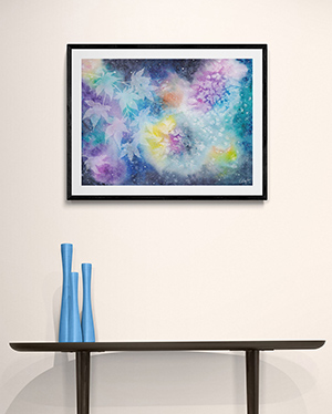 Mise en situation du tableau aquarelle de CatMat Galaxie Automne